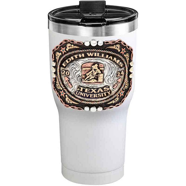 A customized tumbler made of stainless steel with a personalized engraved name and Texas University lettering with barrel racing figure, 30 oz, ideal for coffee or cool drinks